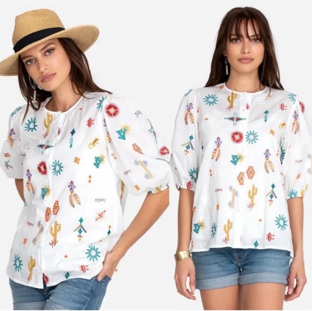 Johnny Was Southwestern Embroidered Top Western Cactus Puff Sleeve S